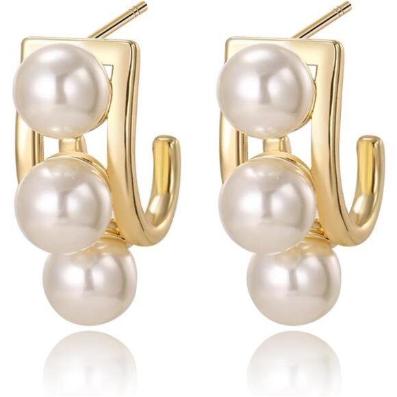14K Gold-Plated Triple Pearl Drop Earrings – Elegant, Hypoallergenic - Picture 1 of 4